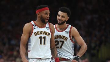 DENVER, COLORADO - JUNE 12: Jamal Murray #27 and Bruce Brown #11 of the Denver Nuggets react during the fourth quarter against the Miami Heat in Game Five of the 2023 NBA Finals at Ball Arena on June 12, 2023 in Denver, Colorado. NOTE TO USER: User expressly acknowledges and agrees that, by downloading and or using this photograph, User is consenting to the terms and conditions of the Getty Images License Agreement.   Matthew Stockman/Getty Images/AFP (Photo by MATTHEW STOCKMAN / GETTY IMAGES NORTH AMERICA / Getty Images via AFP)