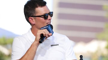 LAS VEGAS, NEVADA - JUNE 01: Tom Brady takes part in the Bleacher Report Hot Seat Press Conference prior to Capital One's The Match VI - Brady & Rodgers v Allen & Mahomes at Wynn Golf Club on June 01, 2022 in Las Vegas, Nevada. (Photo by Carmen Mandato/Getty Images for The Match)