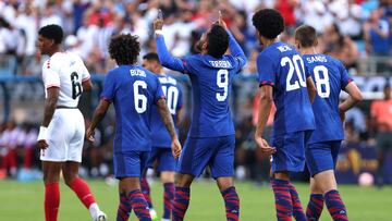 CHARLOTTE, NORTH CAROLINA - JULY 02: Jes�s Ferreira #9 of United States points to the sky after scoring a goal during the first half of the Concacaf Gold Cup match against Trinidad and Tobago at Bank of America Stadium on July 02, 2023 in Charlotte, North Carolina.