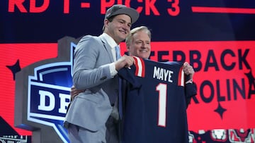 Apr 25, 2024; Detroit, MI, USA; North Carolina Tar Heels quarterback Drake Maye poses with NFL commissioner Roger Goodell after being selected by the New England Patriots as the No. 3 pick in the first round of the 2024 NFL Draft at Campus Martius Park and Hart Plaza. Mandatory Credit: Kirby Lee-USA TODAY Sports