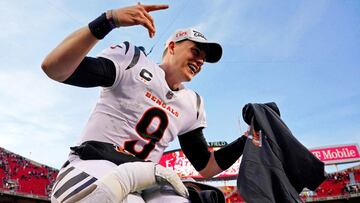 Jan 30, 2022; Kansas City, Missouri, USA; Cincinnati Bengals quarterback Joe Burrow (9) celebrates after winning the AFC Championship Game against the Kansas City Chiefs at GEHA Field at Arrowhead Stadium. The Cincinnati Bengals won 27-24. Mandatory Credi