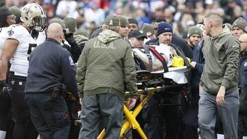 Nov 12, 2017; Orchard Park, NY, USA; New Orleans Saints running back Daniel Lasco (36) is taken off the field in a stretcher after being hurt on a play during the first half against the Buffalo Bills at New Era Field. Mandatory Credit: Timothy T. Ludwig-USA TODAY Sports