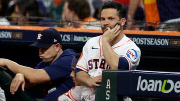 HOUSTON, TEXAS - OCTOBER 23: Jose Altuve #27 of the Houston Astros looks on from the dugout against the Texas Rangers during the eighth inning in Game Seven of the American League Championship Series at Minute Maid Park on October 23, 2023 in Houston, Texas.   Carmen Mandato/Getty Images/AFP (Photo by Carmen Mandato / GETTY IMAGES NORTH AMERICA / Getty Images via AFP)