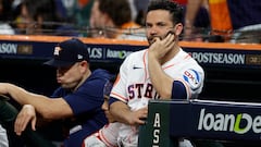 HOUSTON, TEXAS - OCTOBER 23: Jose Altuve #27 of the Houston Astros looks on from the dugout against the Texas Rangers during the eighth inning in Game Seven of the American League Championship Series at Minute Maid Park on October 23, 2023 in Houston, Texas.   Carmen Mandato/Getty Images/AFP (Photo by Carmen Mandato / GETTY IMAGES NORTH AMERICA / Getty Images via AFP)