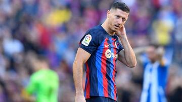 Barcelona's Polish forward Robert Lewandowski reacts during the Spanish League football match between FC Barcelona and RCD Espanyol at the Camp Nou stadium in Barcelona on December 31, 2022. (Photo by Pau BARRENA / AFP) (Photo by PAU BARRENA/AFP via Getty Images)