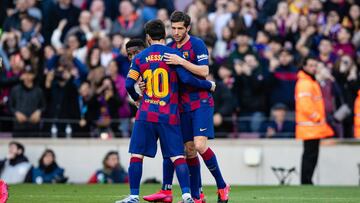 20 Sergi Roberto from Spain of FC Barcelona celebrating a goal with 10 Lionel Messi from Argentina of FC Barcelona during La Liga Santander match between FC Barcelona and Getafe CF at Camp Nou Stadium on February 15, 2020 in Barcelona, Spain.
15/02/