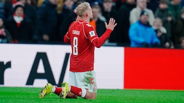 Gustav Isaksen scored twice for the Danes in Copenhagen, as the hosts eased past North Macedonia and into a playoff final against Czechia.