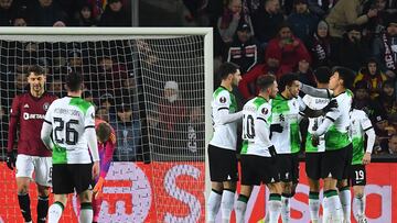 Liverpool's Colombian midfielder #07 Luis Diaz (4th R) celebrates scoring his team's fourth goal with team mates during the UEFA Europa League round of 16 first leg football match between AC Sparta Praha and Liverpool FC in Prague on March 7, 2024. (Photo by MICHAL CIZEK / AFP)