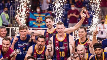 Pau Gasol of Fc Barcelona celebrates the victory the Liga Endesa ACB Playoff final game 2 match between Fc Barcelona and Real Madrid at Palau Blaugrana on June 16, 2021 in Barcelona, Spain. AFP7 16/06/2021 ONLY FOR USE IN SPAIN