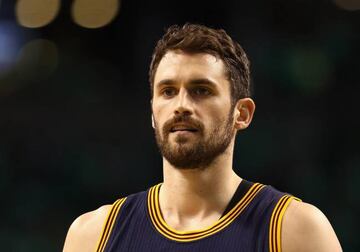 Kevin Love of the Cleveland Cavaliers looks on prior to Game Five of the 2017 NBA Eastern Conference Finals against the Boston Celtics