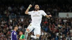 MADRID, SPAIN - OCTOBER 30: Karim Benzema of Real Madrid celebrates scoring his team&#039;s fourth goal during the Liga match between Real Madrid CF and CD Leganes at Estadio Santiago Bernabeu on October 30, 2019 in Madrid, Spain. (Photo by Gonzalo Arroyo