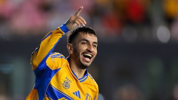 Aug 20, 2025; Fort Lauderdale, Florida, USA; Tigres UANL forward Angel Correa (7) celebrates after scoring against Inter Miami CF during the second half at Chase Stadium. Mandatory Credit: Sam Navarro-Imagn Images