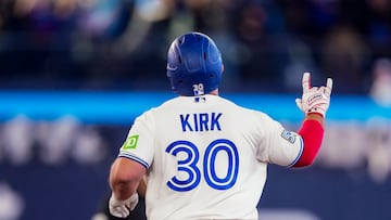 Mar 28, 2026; Toronto, Ontario, CAN; Toronto Blue Jays catcher Alejandro Kirk (30) celebrates hitting a home run against the Athletics during the ninth inning at Rogers Centre. Mandatory Credit: Kevin Sousa-Imagn Images