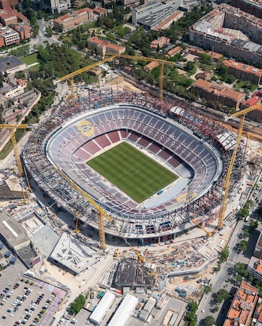 En las imágenes aéreas que ha proporcionado el club catalán ya se puede distinguir las nuevas gradas y espacios VIP que tendrá el nuevo estadio. 