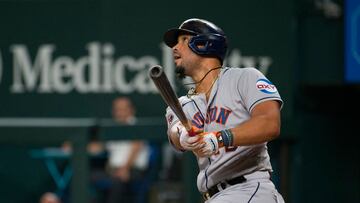 Sep 6, 2023; Arlington, Texas, USA; Houston Astros first baseman Jose Abreu (79) hits a grand slam home run against the Texas Rangers during the third inning at Globe Life Field. Mandatory Credit: Jerome Miron-USA TODAY Sports