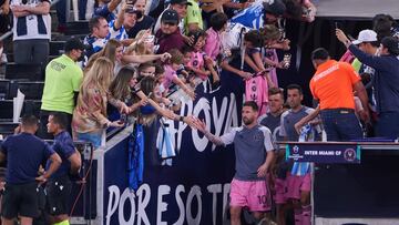  Katty Martinez of America and  Lionel Messi of Inter Miami during the quarterfinals second  leg match between Monterrey and Inter Miami as part of the CONCACAF Champions Cup 2024, at BBVA Bancomer Stadium on April 10, 2024 in Monterrey, Nuevo Leon Mexico.