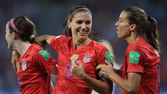 LYON, FRANCE - JULY 02: Alex Morgan of USA celebrates scoring their 2nd goal during the 2019 FIFA Women&#039;s World Cup France Semi Final match between England and USA at Stade de Lyon on July 2, 2019 in Lyon, France. (Photo by Marc Atkins/Getty Images)