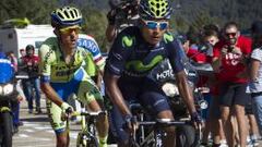 Movistar&#039;s Colombian cyclist Nairo Quintana (R) competes followed by Tinkoff Saxo&#039;s Polish cyclist Rafal Majka during the 20th Stage of the 2015 Vuelta Espana cycling tour, a 175,8km route between San Lorenzo del Escorial and Cercedilla on September 12, 2015.   AFP PHOTO/ JAIME REINA