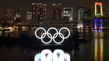 (FILES) In this file photo taken on January 24, 2020 the Olympic rings are displayed off the shore of the Odaiba Marine Park during the Tokyo 2020 Year Commemorative Ceremony in Tokyo. (Photo by Kazuhiro NOGI / AFP)