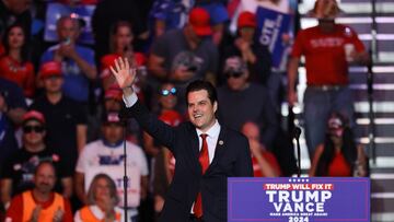 U.S. Rep. Matt Gaetz (R-FL) waves as he takes the stage during a rally for Republican presidential nominee and former U.S. President Donald Trump in Henderson, Nevada, U.S. October 31, 2024. REUTERS/Mike Blake