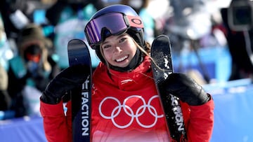 Eileen Gu of Team China reacts after winning the Gold medal during the Women&#039;s Freestyle Freeski Halfpipe Final on Day 14 of the Beijing 2022 Winter Olympics.