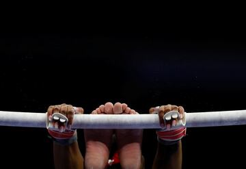 La persona que está detrás de esta curiosa imagen no es otra que la gimnasta estadounidense Simone Biles.
La campeona olímpica en Río 2016, y cinco veces campeona del mundo, se cuelga de una de las barras asimétricas durante un entrenamiento previo a las eliminatorias de gimnasia artística por equipos en St. Louis, Missouri.