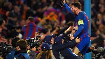 Barcelona's Argentinian forward Lionel Messi celebrates their victory at the end of the UEFA Champions League round of 16 second leg football match FC Barcelona vs Paris Saint-Germain FC at the Camp Nou stadium in Barcelona on March 8, 2017. / AFP PH