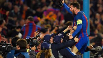 Barcelona&#039;s Argentinian forward Lionel Messi celebrates their victory at the end of the UEFA Champions League round of 16 second leg football match FC Barcelona vs Paris Saint-Germain FC at the Camp Nou stadium in Barcelona on March 8, 2017. / AFP PH