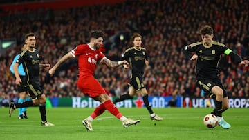 Soccer Football - Europa League - Round of 16 - Second Leg - Liverpool v Sparta Prague - Anfield, Liverpool, Britain - March 14, 2024 Liverpool's Dominik Szoboszlai scores their fifth goal REUTERS/Molly Darlington