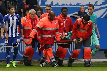 Vidal is stretchered off at Mendizorroza on Saturday.