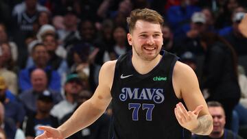 DALLAS, TEXAS - NOVEMBER 10: Luka Doncic #77 of the Dallas Mavericks smiles on the court in the second half of the NBA In-Season Tournament game against the LA Clippers at American Airlines Center on November 10, 2023 in Dallas, Texas. NOTE TO USER: User expressly acknowledges and agrees that, by downloading and or using this photograph, User is consenting to the terms and conditions of the Getty Images License Agreement.   Richard Rodriguez/Getty Images/AFP (Photo by Richard Rodriguez / GETTY IMAGES NORTH AMERICA / Getty Images via AFP)