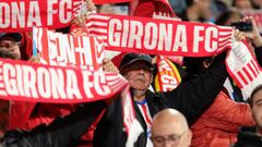 Girona's supporters cheer before the start of the Spanish league football match between Girona FC and Villarreal CF at the Montilivi stadium in Girona on May 14 , 2024. (Photo by LLUIS GENE / AFP)