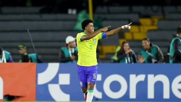 Soccer Football - South American U-20 Championship - Brazil v Uruguay - Estadio El Campin, Bogota, Colombia - February 12, 2023 Brazil's Andrey Santos celebrates scoring their first goal REUTERS/Luisa Gonzalez