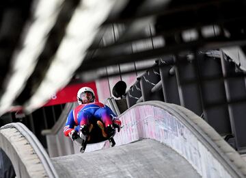 Czech Republic's Antonin Broz and Lukas Broz finish in the double's luge training