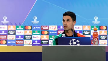 El entrenador Mikel Arteta, en la sala de prensa del Santiago Bernabéu en la previa del Real Madrid-Arsenal de vuelta de cuartos de final de la Champions.