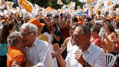 El candidato a la Generalitat valenciana, Joan Baldoví (d), y el alcalde de València y candidato a revalidar la alcaldía, Joan Ribó, durante un acto de campaña de Compromís, en el Parc Central,  a 21 de mayo de 2023, en Valencia, Comunidad Valenciana (España). El acto se celebra de cara a las próximas elecciones municipales y autonómicas del 28 de mayo.
21 MAYO 2023;28M;ELECCIONES;COMPROMÍS;MITIN;CAMPAÑA ELECTORAL;
Rober Solsona / Europa Press
21/05/2023