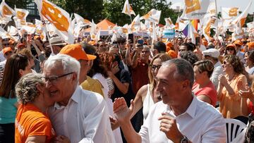 El candidato a la Generalitat valenciana, Joan Baldoví (d), y el alcalde de València y candidato a revalidar la alcaldía, Joan Ribó, durante un acto de campaña de Compromís, en el Parc Central,  a 21 de mayo de 2023, en Valencia, Comunidad Valenciana (España). El acto se celebra de cara a las próximas elecciones municipales y autonómicas del 28 de mayo.
21 MAYO 2023;28M;ELECCIONES;COMPROMÍS;MITIN;CAMPAÑA ELECTORAL;
Rober Solsona / Europa Press
21/05/2023