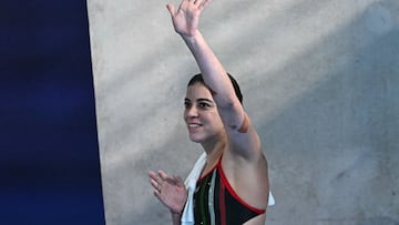 Mexico's Alejandra Orozco Loza reacts after competing in the women's 10m platform diving final during the Paris 2024 Olympic Games at the Aquatics Centre in Saint-Denis, north of Paris, on August 6, 2024. (Photo by Manan VATSYAYANA / AFP)