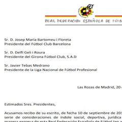 Esta es la carta que Rubiales mandó a Barça, Girona y LaLiga
