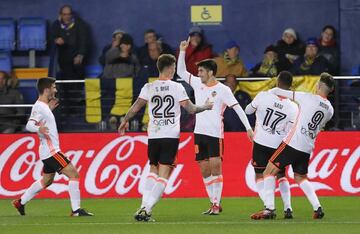 Soler (centre) celebrates opening the scoring against Villarreal on Saturday.