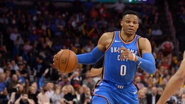 Mar 6, 2018; Oklahoma City, OK, USA; Oklahoma City Thunder guard Russell Westbrook (0) drives to the basket in front of Houston Rockets guard Eric Gordon (10) during the fourth quarter at Chesapeake Energy Arena. Mandatory Credit: Mark D. Smith-USA TODAY Sports