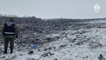 A view shows the crash site of the Russian Ilyushin Il-76 military transport plane near the village of Yablonovo in the Belgorod region, Russia, in this still image from video published January 25, 2024. Russian Investigative Committee/Handout via REUTERS ATTENTION EDITORS - THIS IMAGE HAS BEEN SUPPLIED BY A THIRD PARTY. NO RESALES. NO ARCHIVES. MANDATORY CREDIT. PICTURE WATERMARKED AT SOURCE.