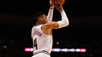 DENVER, CO - MARCH 12: Russell Westbrook #4 of the Denver Nuggets scores a three point basket during the second quarter against the Minnesota Timberwolves at Ball Arena on March 12, 2025 in Denver, Colorado. NOTE TO USER: User expressly acknowledges and agrees that, by downloading and or using this photograph, User is consenting to the terms and conditions of the Getty Images License Agreement. Justin Edmonds/Getty Images/AFP (Photo by Justin Edmonds / GETTY IMAGES NORTH AMERICA / Getty Images via AFP)
