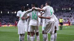 Saudi&#039;s forward Abdullah al-Hamdan celebrates his goal with teammates during the 24th Arabian Gulf Cup semi-final football match between Saudi Arabia and Qatar at al-Janoub Stadium in the Qatari capital Doha on December 5, 2019. (Photo by MUSTAFA ABU