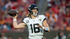 Dec 24, 2023; Tampa, Florida, USA; Jacksonville Jaguars quarterback Trevor Lawrence (16) throws the ball against the Tampa Bay Buccaneers in the second quarter at Raymond James Stadium. Mandatory Credit: Jeremy Reper-USA TODAY Sports