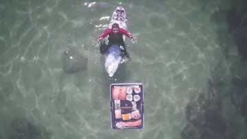 Dron entrega sushi a un surfista