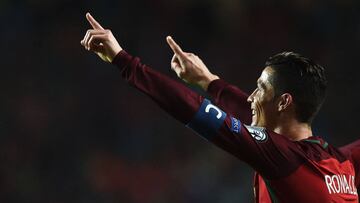 Portugal&#039;s forward Cristiano Ronaldo celebrates after scoring during the WC 2018 group B football qualifing match Portugal vs Hungary