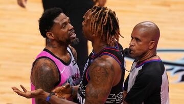 May 13, 2021; Miami, Florida, USA; Miami Heat forward Udonis Haslem (40) and Philadelphia 76ers center Dwight Howard (39) get into an altercation during the first half at American Airlines Arena. Mandatory Credit: Jasen Vinlove-USA TODAY Sports