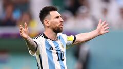 LUSAIL CITY, QATAR - DECEMBER 09: Lionel Messi of Argentina celebrates after scoring his penalty during the shoot out  during the FIFA World Cup Qatar 2022 quarter final match between Netherlands and Argentina at Lusail Stadium on December 9, 2022 in Lusail City, Qatar. (Photo by Robbie Jay Barratt - AMA/Getty Images)