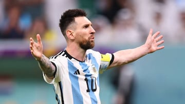 LUSAIL CITY, QATAR - DECEMBER 09: Lionel Messi of Argentina celebrates after scoring his penalty during the shoot out during the FIFA World Cup Qatar 2022 quarter final match between Netherlands and Argentina at Lusail Stadium on December 9, 2022 in Lusail City, Qatar. (Photo by Robbie Jay Barratt - AMA/Getty Images)